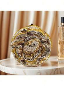 Women Sparkly Crystal Clutch Purse Diamond Round Rose Flower Evening Bag Formal Rhinestone Handbags Wedding Purse - 金色 - 查看 1