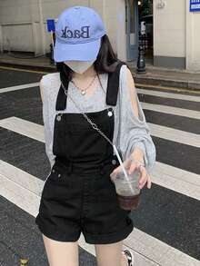 純色休閒拉鍊口袋鈕扣鉚釘裝飾女款牛仔吊褲黑色夏季 - 黑色 - 查看 7