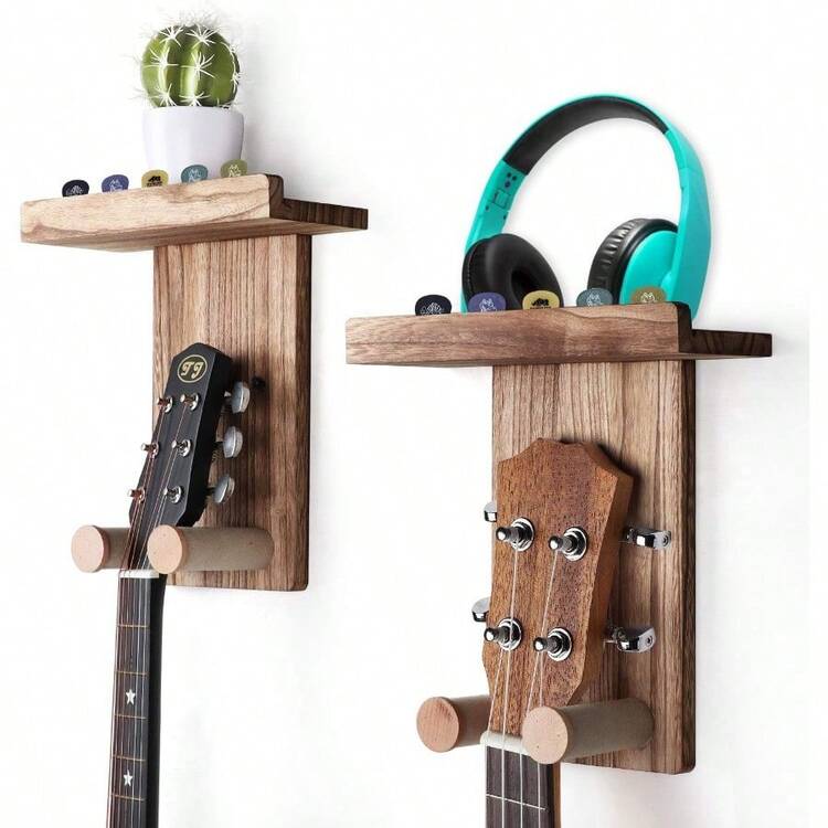 2Pack Wall Mount Hanger With Shelf And Pick Holder Wood Wall Hook For Acoustic Electric Bass S Ukulele ScrewMounted Brown [Patented] - 棕色 - 查看 2