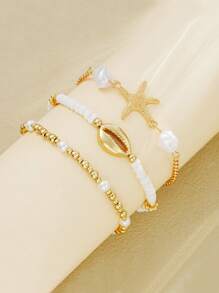 7pcs Bohemian Style Beaded Bracelet Set With Shell, Faux Pearl And Starfish Charms, Suitable For Women (Random Color Beads)