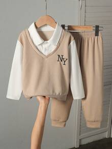 Young Boy字母与华夫格刺绣Polo衫和裤子两件套，春秋 - 杏色 - 查看 1