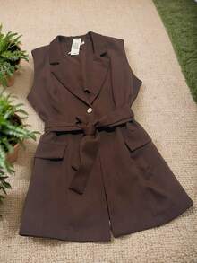 Steve Store Women's Fashion Long Tailored Blazer Vest With Formal Belt - màu nâu - Xem 4