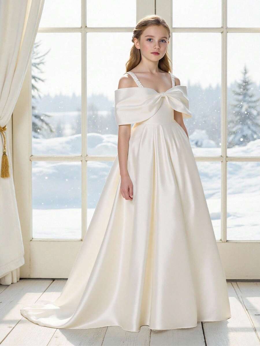Tween Girls Off-Shoulder Bow Princess Dress, Elegant Trailing White Wedding Formal Gown For Fashion Party, Birthday, Ceremony, Hostess - White - View 1