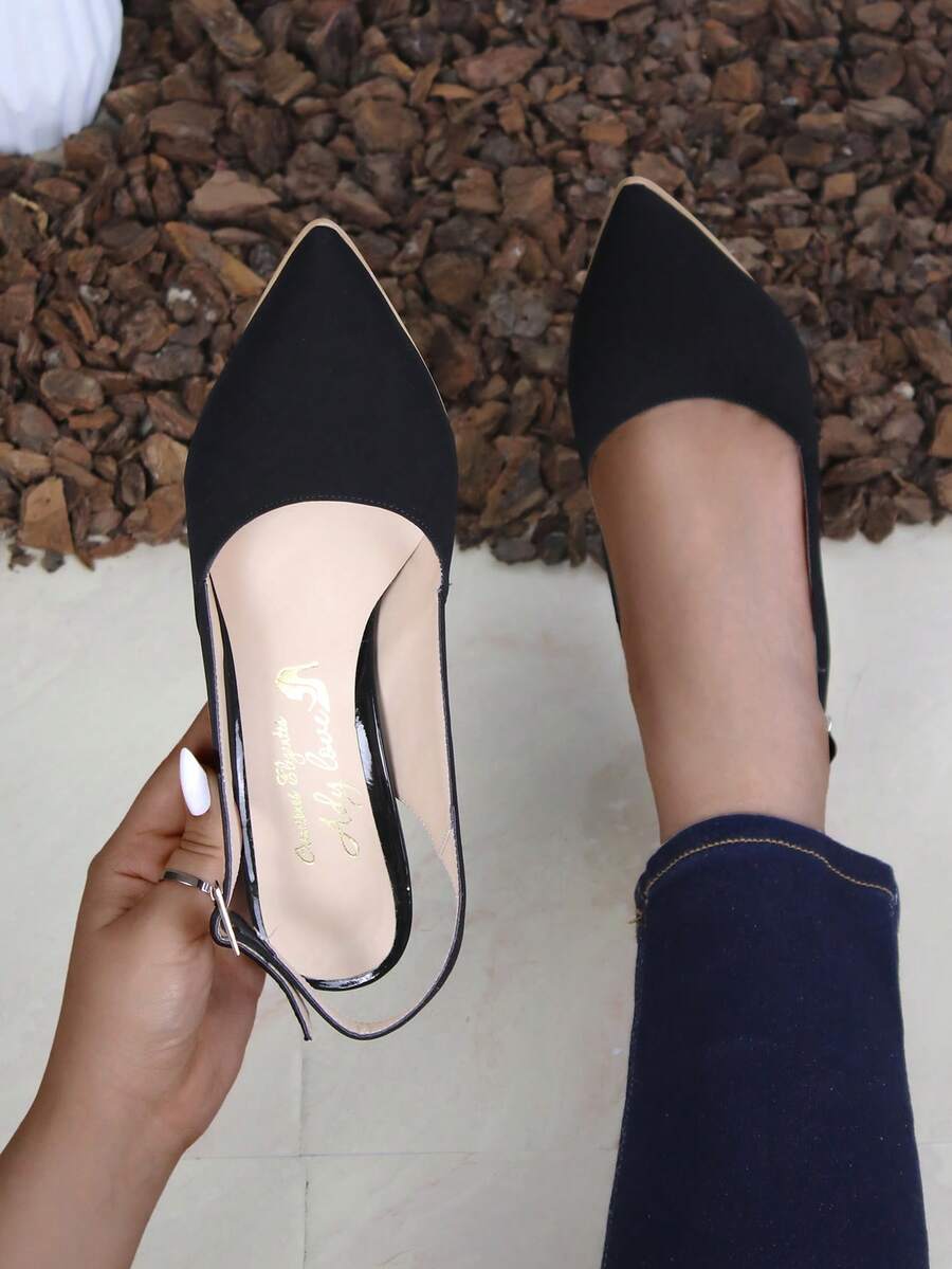 Zapatos de tacón para mujer, punta afilada, tira delgada trasera, tacón grueso, estilo casual elegante para oficina y diario - Negro - Ver 1
