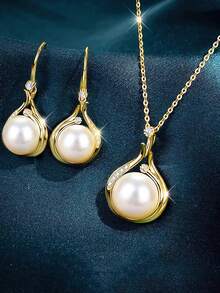 3 件 S925 纯银方晶锆石珍珠项链首饰套装，优雅珍珠和方晶锆石项链及耳环套装，复古性感风格，完美的情人节礼物 - 珍珠 - 查看 11
