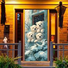 1pc 2D Flat Christmas Banner Facing The Door, Featuring A Polar Bear Pattern Outside The Window, Is Suitable For Christmas Parties, Photo And Photography Props Background Cloth, Indoor And Outdoor, Home Decoration, Cinema, Courtyard Decoration, Holiday Parties, Anniversaries, And Party Decoration