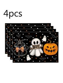 1 件/2 件/4 件/600 件 11.8 英寸 X 17.3 英寸万圣节鬼魂黑猫南瓜图案涤纶餐垫 - 黑色背景搭配“BOO！”鬼魂、蝙蝠、南瓜灯笼和黑猫，带蝴蝶结圆点装饰，适合万圣节派对、家庭餐桌 - 彩色 - 查看 12