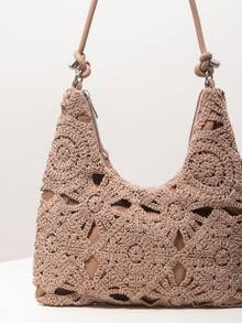 花卉镂空钩针编织单肩包、沙滩包、度假包、钩针套装、女士优雅包包、度假必备品、旅行必备品（图案随机） - 駝色 - 查看 4