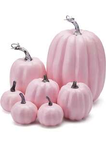 1 套人造南瓜，粉色塑料南瓜，4 种尺寸，适合秋季万圣节、桌面装饰、假南瓜、感恩节、餐桌中心装饰、壁炉架、厨房婚礼朋友赠送派对家居装饰