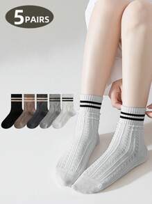 1 Paar/5 Paar gestreifte Muster elegante würdevolle Mode minimalistische bequeme weiche lässige vielseitige Schule romantische Retro passende Damen Kniestrümpfe, Herbststrümpfe