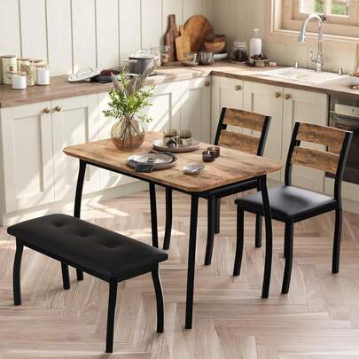 mteryoing Home Dining Table Set For 4, Wooden Kitchen Table With Upholstered Bench & 2 Cushion Chairs, Space-Saving Dinette Set For Studio, Kitchen, Dining Room, Apartment(43''x28''x30'')