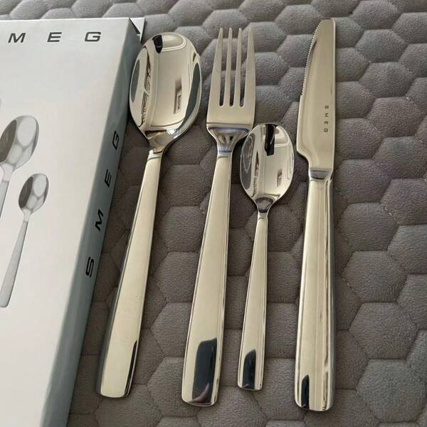 NEW SMEG Western Food Knife Set Home 316 Stainless Steel European High-Grade Steak Knife And Fork Silver 4-Piece Stainless Steel Soup Spoon And Dessert Spoon Sheet Set