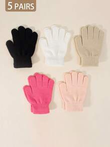 5 Pairs Kids Stretchy Knit Warm Gloves, Assorted Colors & Sizes For 1-12 Years Old, Solid Color High Elasticity Gloves For Children, Suitable For Casual Daily Wear And Outdoor Activities In Autumn/Winter