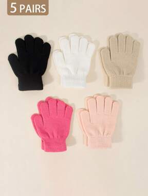 5 Pairs Kids Stretchy Knit Warm Gloves, Assorted Colors & Sizes For 1-12 Years Old, Solid Color High Elasticity Gloves For Children, Suitable For Casual Daily Wear And Outdoor Activities In Autumn/Winter