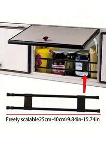 The Overhead Storage Cabinet Railing In The RV Helps Prevent Items From Falling. The RV Home Refrigerator Extendable Rod Extends The Storage Shelf And Can Be Adjusted. The Simple Fixed Rack Has A Kitchen Storage Organizer With Partition Design Inside The Cabinet.