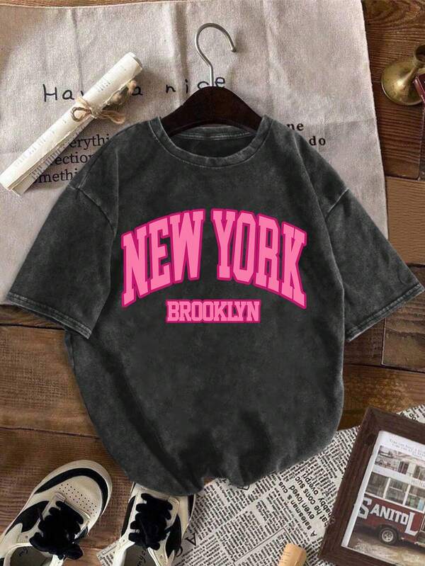 Women's Summer Cotton "NEW YORK" Letter Pattern Printed Round Neck Short Sleeve Simple Casual Daily Black Plus Size Washed T-Shirt Top