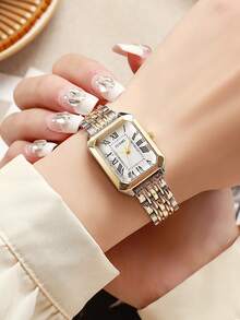 ساعة نسائية كوارتز موضة، تصميم قرص مبسط مربع، مطلية بالذهب عالية الجودة، سوار من الفولاذ المقاوم للصدأ، مناسبة للارتداء اليومي، عيد الميلاد، هدية للنساء، ذكرى السنوية، عروض نهاية العام، عيد العزاب، عروض هالوين، بدون علبة هدية - الذهبي - مشاهدة 2