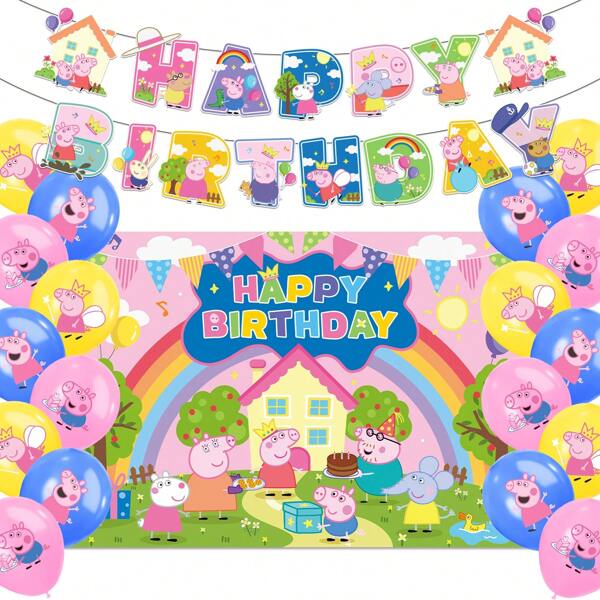 Mattel 20PCS Hasbro Officially Licensed Peppa Pig Series Pink And Blue Balloon Set Cartoon Character Balloon Flag Hanger Partty Supplies Birthday Party Bouquet Decorations Cute Theme Scene Layout Interior Decoration