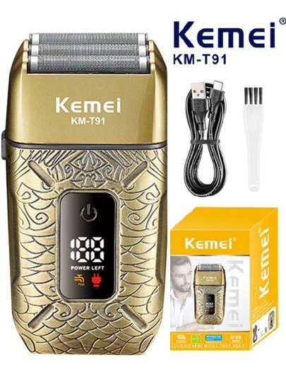 Kemei KM-T91 男士三刀头电动剃须刀，配备 1 块 1400mAh Type-C USB 可充电锂电池，带来沙龙级剃须体验，带 LED 显示屏，三刀头浮动式设计，干湿两用，USB Type-C 接口