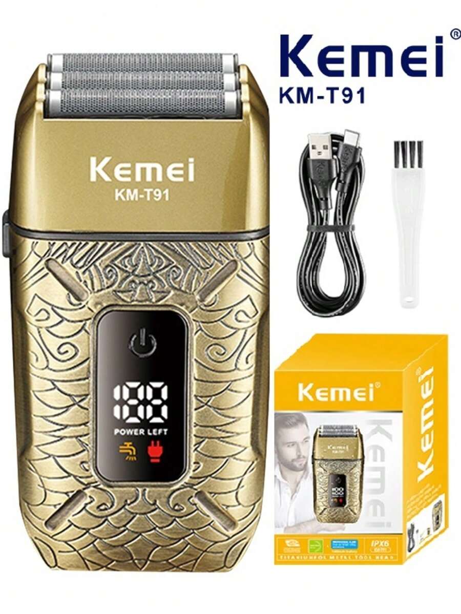 Kemei KM-T91 男士三刀头电动剃须刀，配备 1 块 1400mAh Type-C USB 可充电锂电池，带来沙龙级剃须体验，带 LED 显示屏，三刀头浮动式设计，干湿两用，USB Type-C 接口 - 彩色 - 查看 1