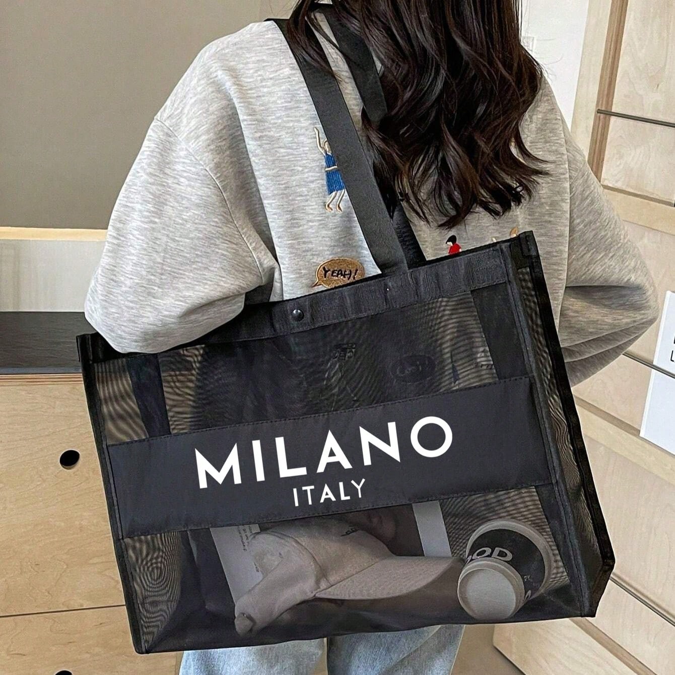 Pieza Bolsa de playa de malla de nailon, con estampado de letras, gran capacidad, adecuada para uso personal o como regalo, útiles escolares, mochila