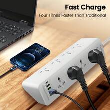 Extension Lead, 8 Way Universal Outlets, Surge Protection Extension Cable With 1.9M Extension Cord For Home, Office, Support QC3.0 + PD20W - White - View 7