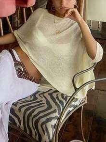 Women Sheer Knit Poncho Y2K Off Shoulder Asymmetric Shrug Sweater Pullover Top Lightweight See Through Cover Up Tops  Pullover Sweaters Tops - 黃色 - 查看 5