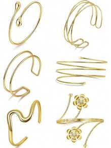 6pcs Set Minimalist Geometric Metal Arm Cuffs, Exaggerated Leaf & Flower Bracelets Suitable For Beach Vacation
