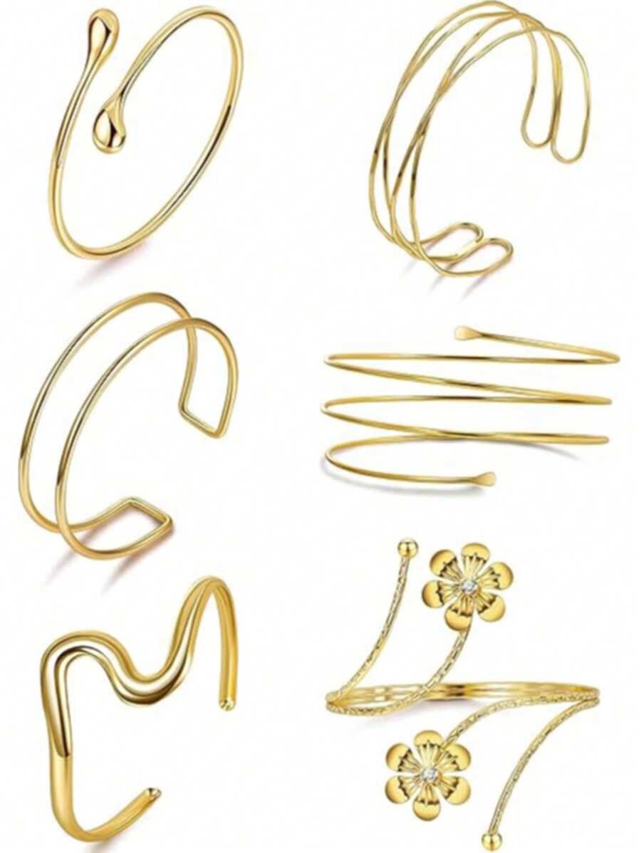 6pcs Set Minimalist Geometric Metal Arm Cuffs, Exaggerated Leaf & Flower Bracelets Suitable For Beach Vacation