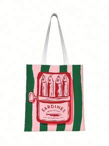 女士可重复使用手提袋、手提包和化妆包套装 - 色彩缤纷的简约粉绿条纹沙丁鱼罐头印花涤纶购物袋，固定肩带设计，适合海滩、野餐、购物和食品收纳