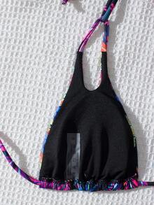 Bikini a stampa foglie sexy da donna con schiena scoperta e incrocio, adatto per spiaggia e vacanza - Multicolore - Visualizzare 7