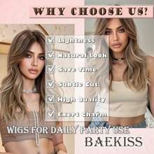 MLong Layered Brown Wigs With Bangs Long Wavy Wigs With Blonde Highlights 20 Inch Curtain Bangs Wigs For White Women Light Brown Synthetic Wig Hair Replacement Wig For Women Daily Party Cosplay Use8001 - 棕色高光 - 查看 6