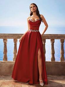 巴洛克风格缎面吊带美人鱼长裙，法式伴娘礼服，返校节礼服，晚礼服，派对礼服 - 酒紅 - 查看 5