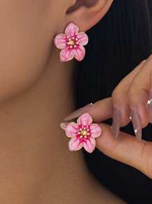 1 Pair Delicate Miniature Vacation Style Pink Enamel Flower Stud Earrings, Suitable For Women's Daily/Vacation/Date Wear