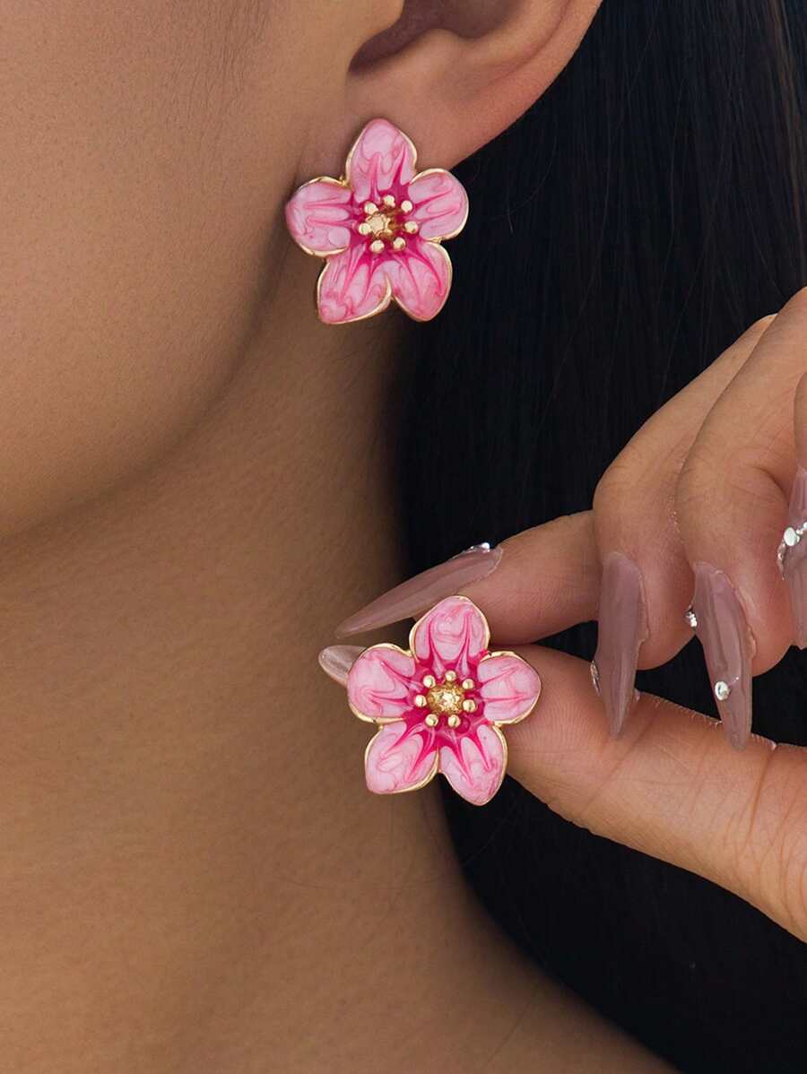 1 Pair Delicate Miniature Vacation Style Pink Enamel Flower Stud Earrings, Suitable For Women's Daily/Vacation/Date Wear