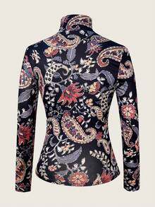 复古佩斯利花纹高领修身长袖上衣，柔软弹力面料，百搭复古风印花女式衬衫，适合春季穿着 - 藏蓝色 - 查看 5