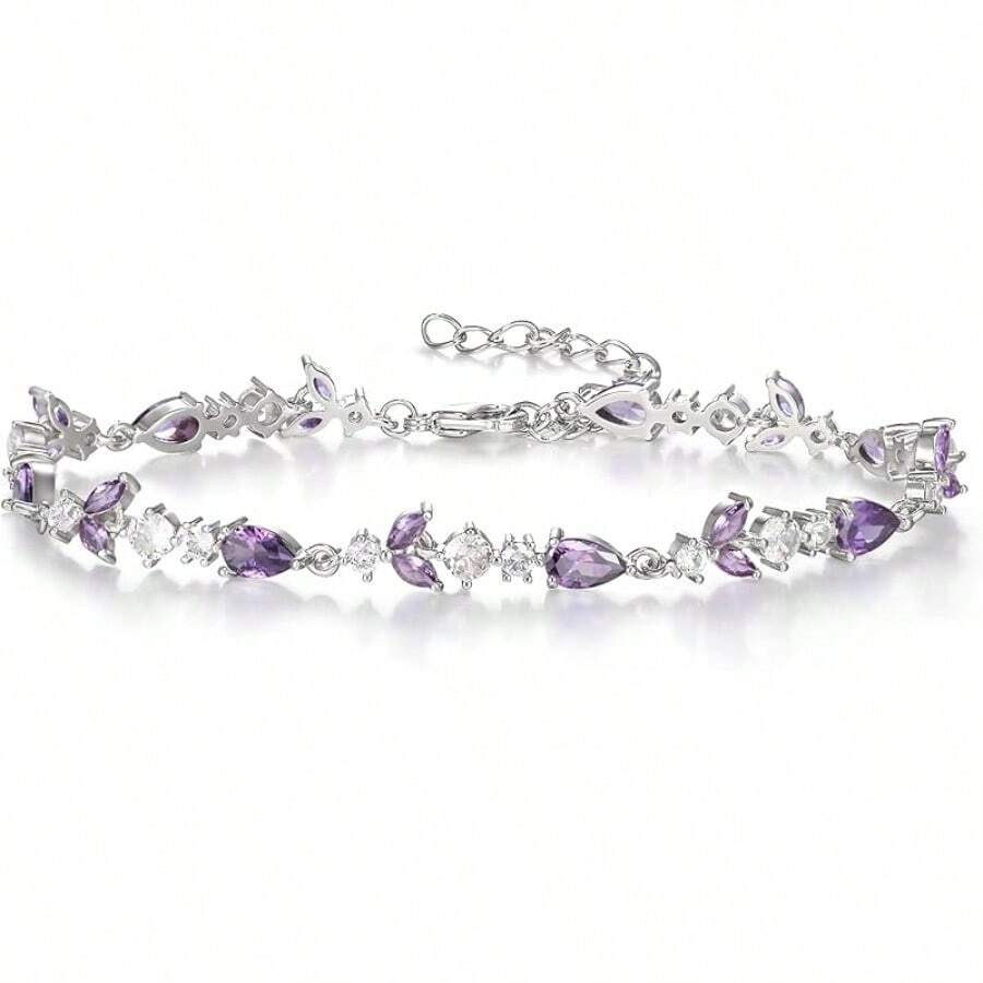 Crysdue Wedding Bridal Link Bracelet Brides Bridesmaids, Marquise Cubic Zirconia Tennis Bracelets Women Prom Jewelry - 02_紫色,銀色 7.5-9.1英寸 - 查看 1