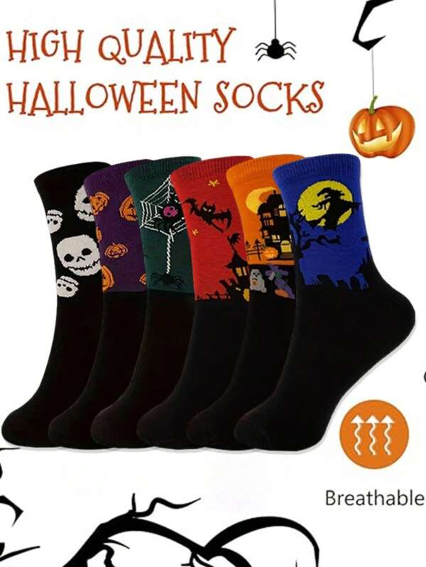 6 pares de calcetines cómodos con estampado de calabaza calavera murciélago para Halloween, adecuados para uso diario como calcetines tubo medio, calcetines negros, medias esenciales de Halloween para parejas, regalos festivos, calcetines de Navidad