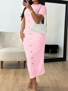 Unadoll Women's Short Sleeved Round Neck Zipper, Fake Buckle Design, Slit, Elegant Temperament Pink Winter Dress, Suitable For Dates, Commuting, Weddings, Christmas, Thanksgiving Wearing