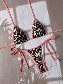 Women's Backless Leopard Print Patchwork Bikini Set (Top And Bottom), Casual Summer - Coral Pink - View 2