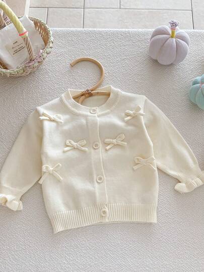 Fashionable Bow Knitted Cardigan For Baby Girls, Cute Outerwear Suitable For Autumn