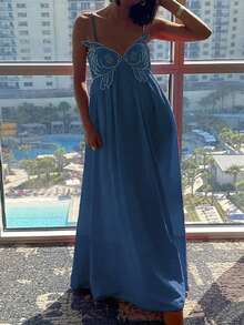 Womens Koi Fish Long Strap Dress Summer High Waist Flowy Cami Dress Spaghetti Strap V Neck Smocked Long Dress Vacation Beach Maxi Dress - 藍色 - 查看 3