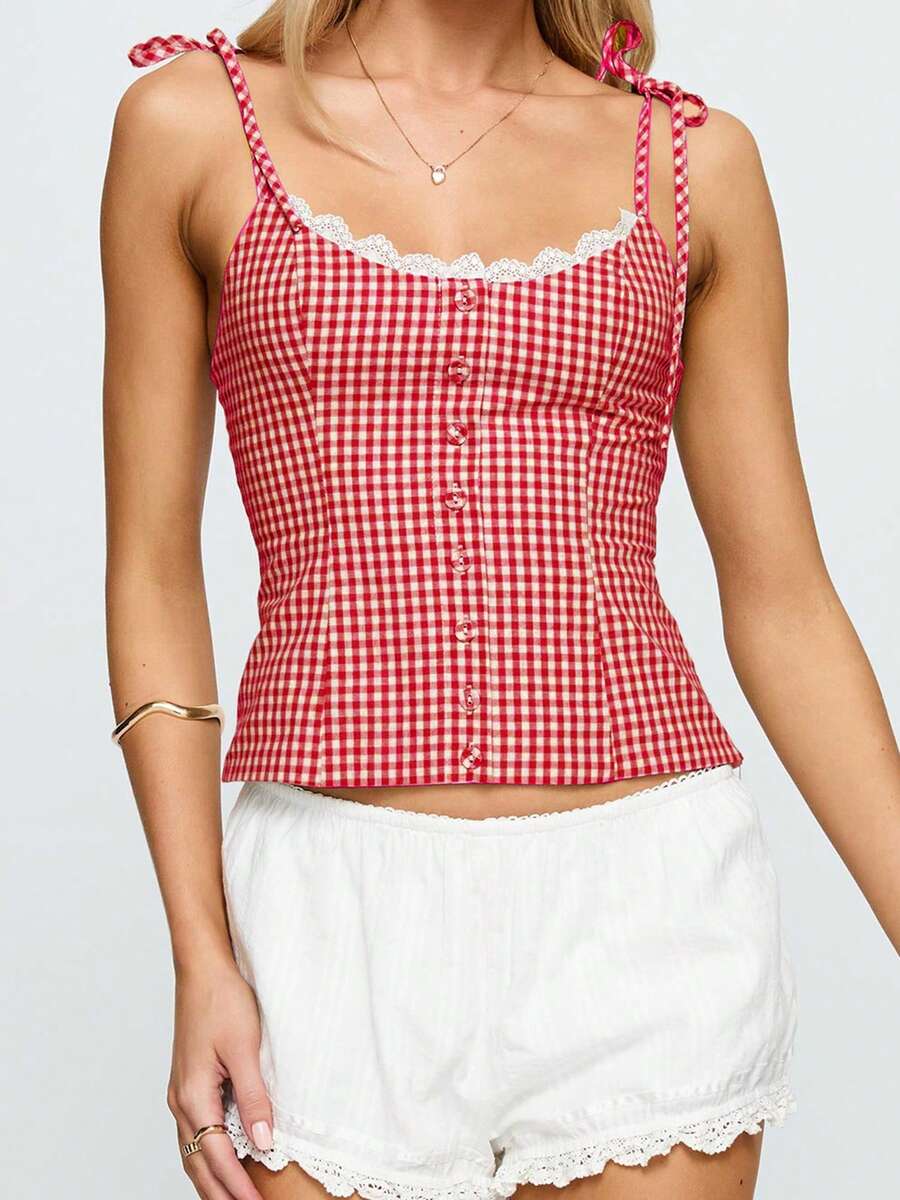 Women Plaid Camisole Slim Lace Trim Scoop Neck Tie-Up Spaghetti Strap Crop Shirts  Summer Streetwear - 紅色 - 查看 1