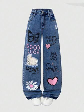 Tween Boy Casual Washed Letter Print Distressed Denim Jeans
