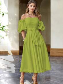 Vestido casual hombros descubiertos manga farol cinturón ajustable para mujer - Kiwi I - Ver 4