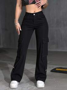 Pantalón Cargo Mezclilla Para Mujer Corte Wide Leg - Negro - Ver 1