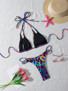 Bikini a stampa foglie sexy da donna con schiena scoperta e incrocio, adatto per spiaggia e vacanza - Multicolore - Visualizzare 3