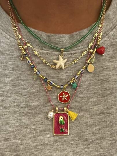 4 piezas Set de collares multicapa con colgante cuadrado de pez y estrella de mar bohemio hecho a mano con cuentas de colores, adecuado para uso diario, fiesta, playa, todas las estaciones