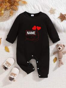 Pelele de manga larga con nombre personalizado impreso para niños y niñas pequeños, mono informal adecuado para uso al aire libre - Negro - Ver 1