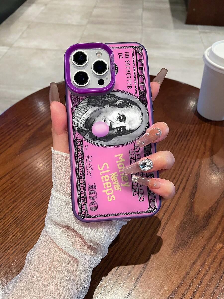 1pc Pink, Money, Quote Pattern Silver Laser Mobile Phone Case, Laser IMD Mobile Phone Case, Suitable For All Models Of Apple Mobile Phone Cases, Can Be Used For Apple 11/12/13/14/15/16/Pro/Plus/Pro Max/16e Mobile Phone Cases - Màu tím - Xem 1